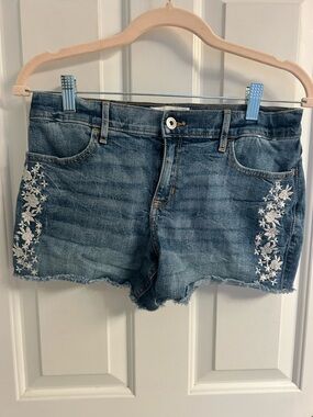abercrombie kids Blue Denim Shorts with White Floral Embroidery